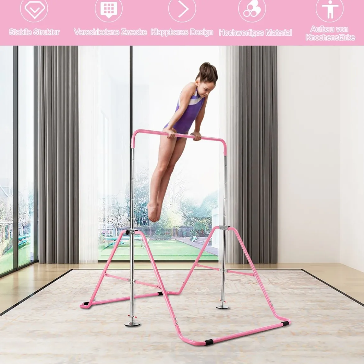 Kinder Gymnastikstange Höhenverstellbar Reckstange 90-130 cm Faltbare Turnstange Rosa