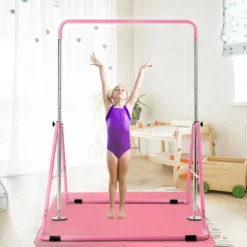 Kinder Gymnastikstange mit Gymnastikmatte Höhenverstellbar Reckstange 90-130 cm Rosa