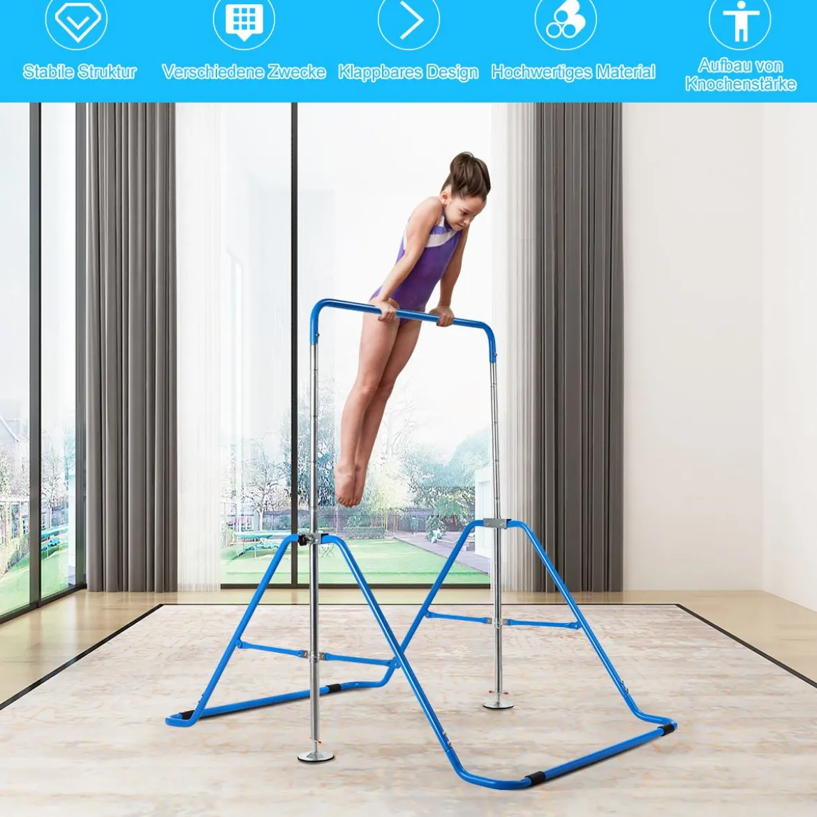 Kinder Gymnastikstange mit Gymnastikmatte Höhenverstellbar Reckstange 90-130 cm Blau