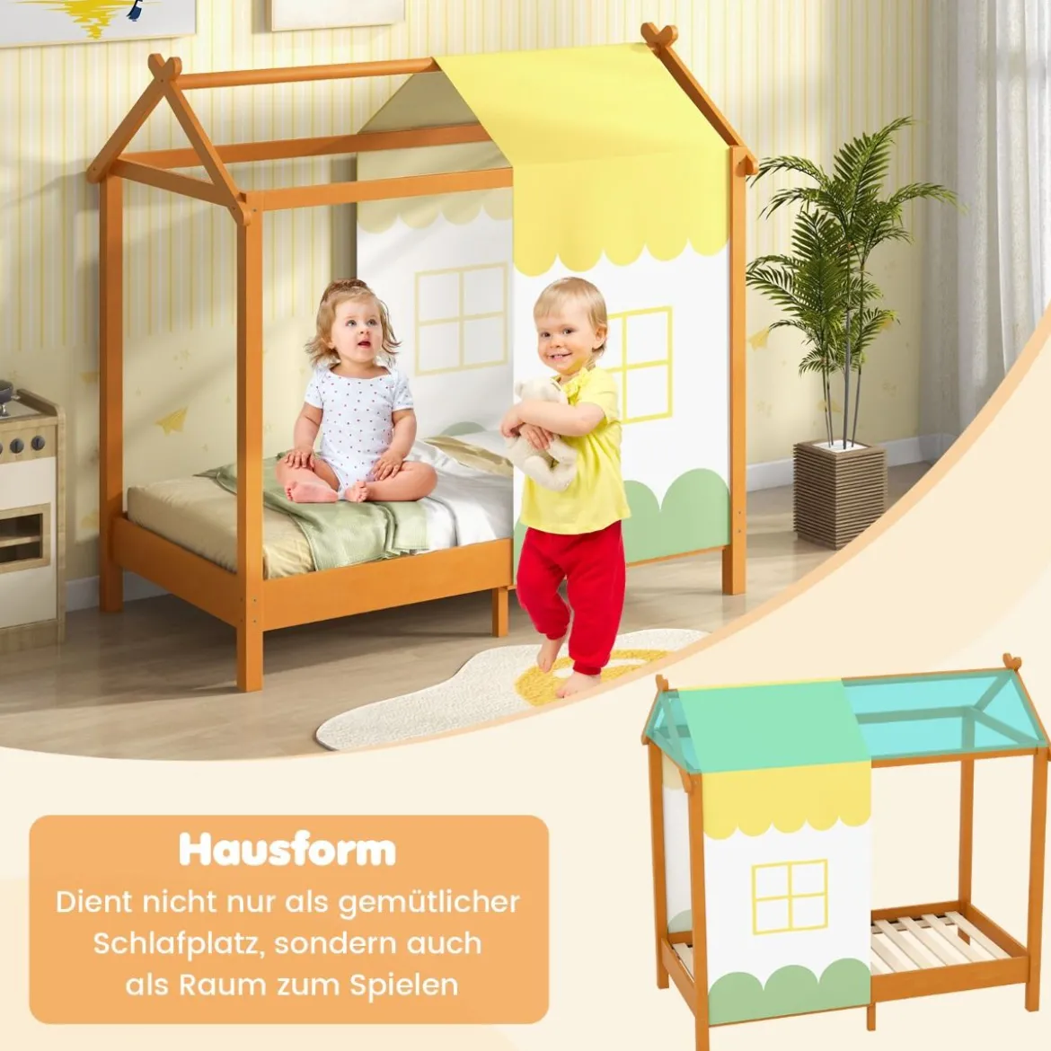 Kinderhaus-Bett mit Dach & Abnehmbarem Betthimmel & 12 Massivholzlatten Bodenbett Rahmen