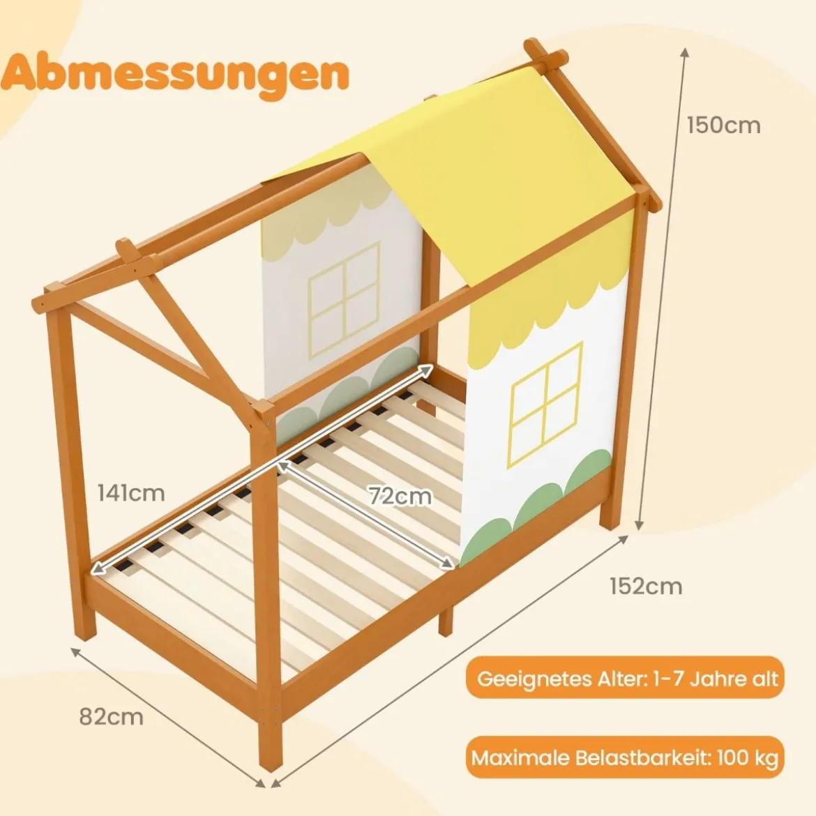 Kinderhaus-Bett mit Dach & Abnehmbarem Betthimmel & 12 Massivholzlatten Bodenbett Rahmen