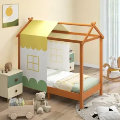 Kinderhaus-Bett mit Dach & Abnehmbarem Betthimmel & 12 Massivholzlatten Bodenbett Rahmen
