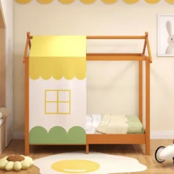Kinderhaus-Bett mit Dach & Abnehmbarem Betthimmel & 12 Massivholzlatten Bodenbett Rahmen