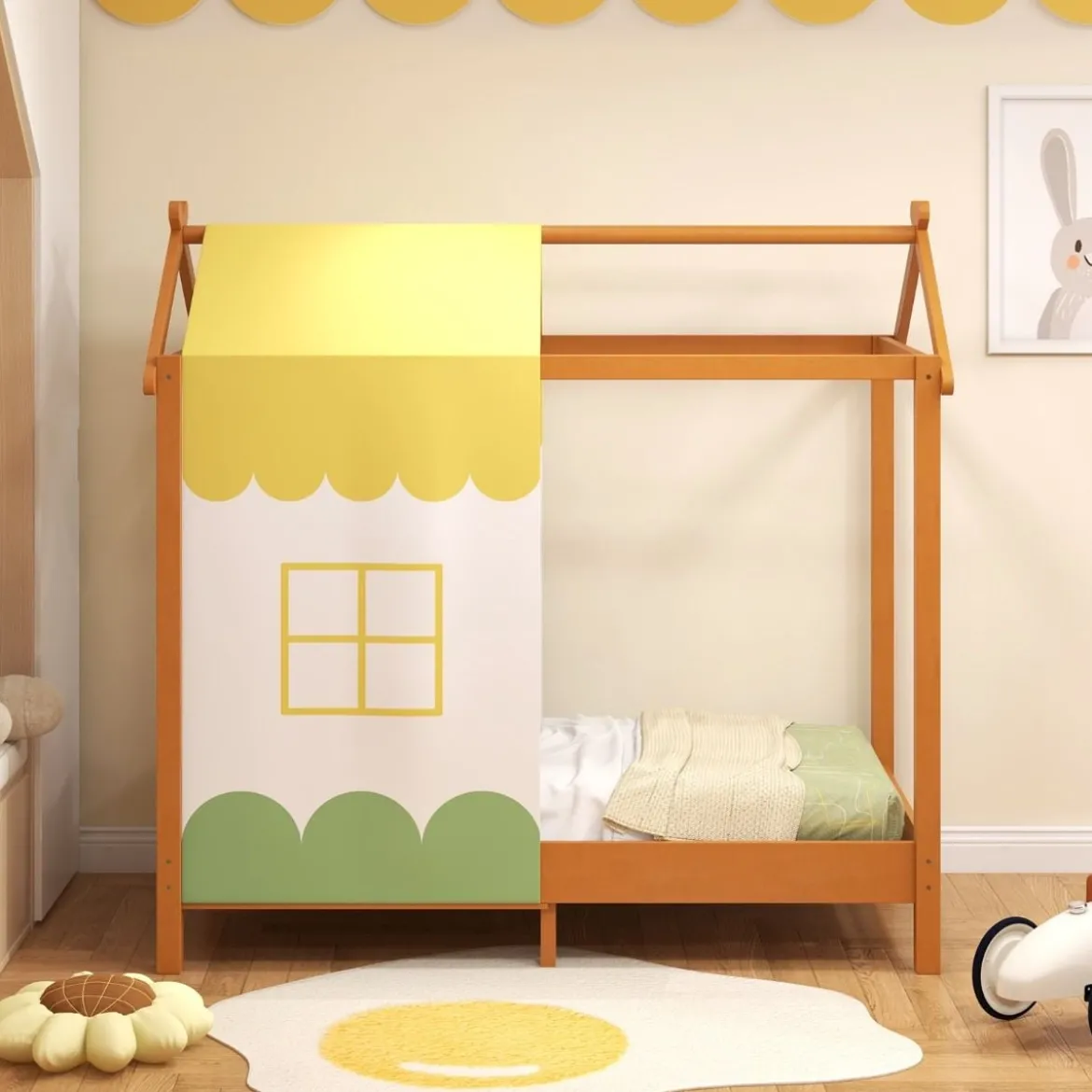 Kinderhaus-Bett mit Dach & Abnehmbarem Betthimmel & 12 Massivholzlatten Bodenbett Rahmen