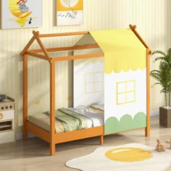 Kinderhaus-Bett mit Dach & Abnehmbarem Betthimmel & 12 Massivholzlatten Bodenbett Rahmen