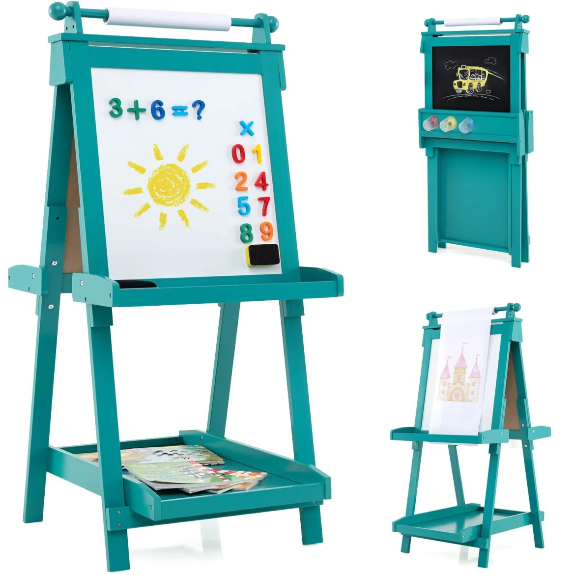 Kinder Höhenverstellbare Tafel mit Whiteboard & Magnetischer Tafel Klappbare Staffelei Grün