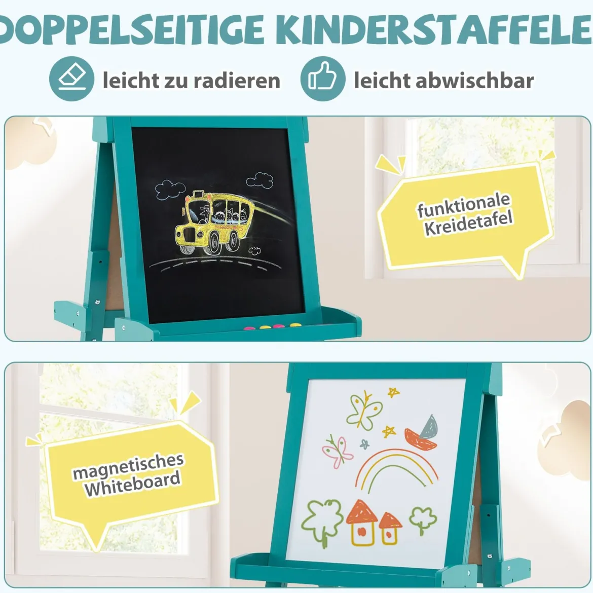 Kinder Höhenverstellbare Tafel mit Whiteboard & Magnetischer Tafel Klappbare Staffelei Grün