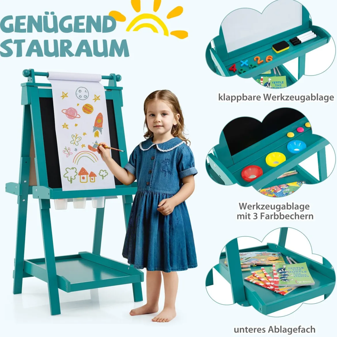 Kinder Höhenverstellbare Tafel mit Whiteboard & Magnetischer Tafel Klappbare Staffelei Grün