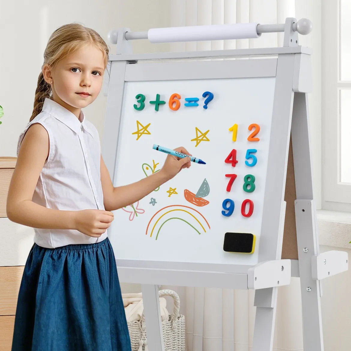 Kinder Höhenverstellbare Tafel mit Whiteboard & Magnetischer Tafel Klappbare Staffelei Grau