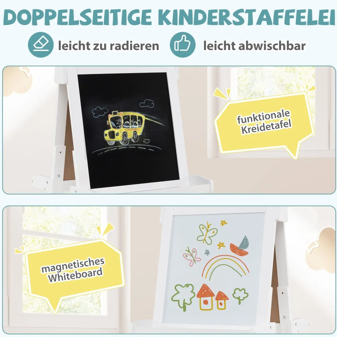Kinder Höhenverstellbare Tafel mit Whiteboard & Magnetischer Tafel Klappbare Staffelei Weiß