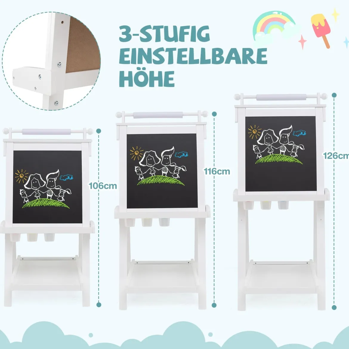 Kinder Höhenverstellbare Tafel mit Whiteboard & Magnetischer Tafel Klappbare Staffelei Weiß