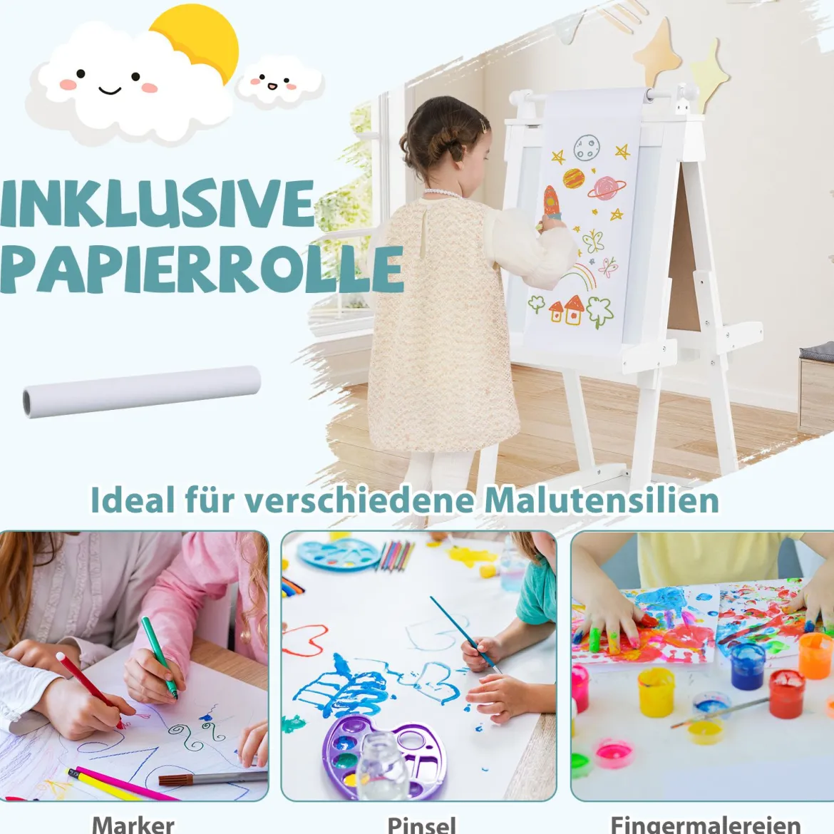 Kinder Höhenverstellbare Tafel mit Whiteboard & Magnetischer Tafel Klappbare Staffelei Weiß
