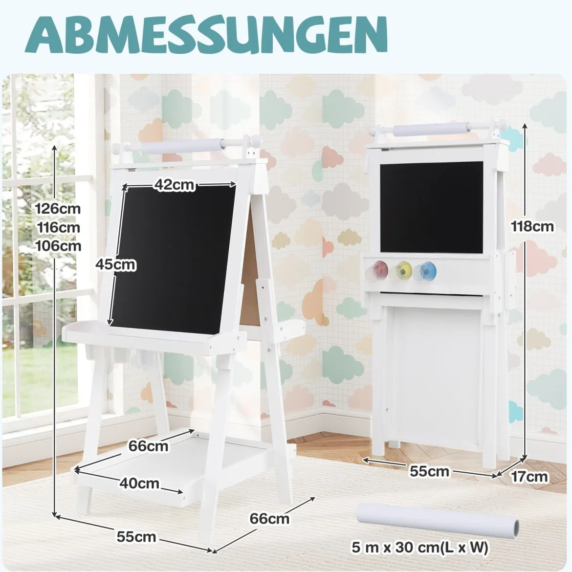 Kinder Höhenverstellbare Tafel mit Whiteboard & Magnetischer Tafel Klappbare Staffelei Weiß