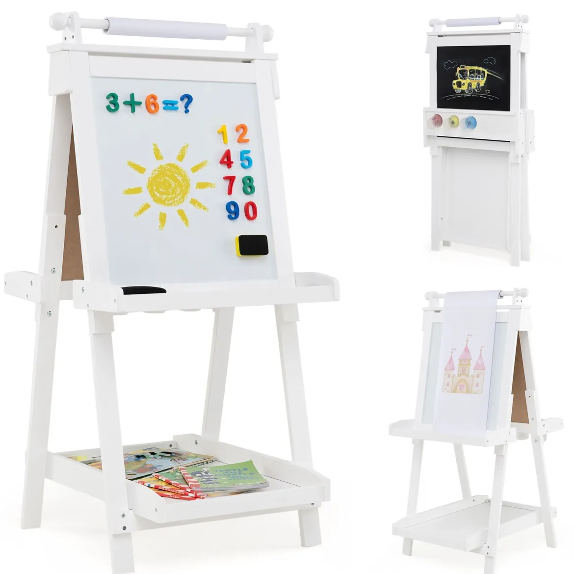 Kinder Höhenverstellbare Tafel mit Whiteboard & Magnetischer Tafel Klappbare Staffelei Weiß