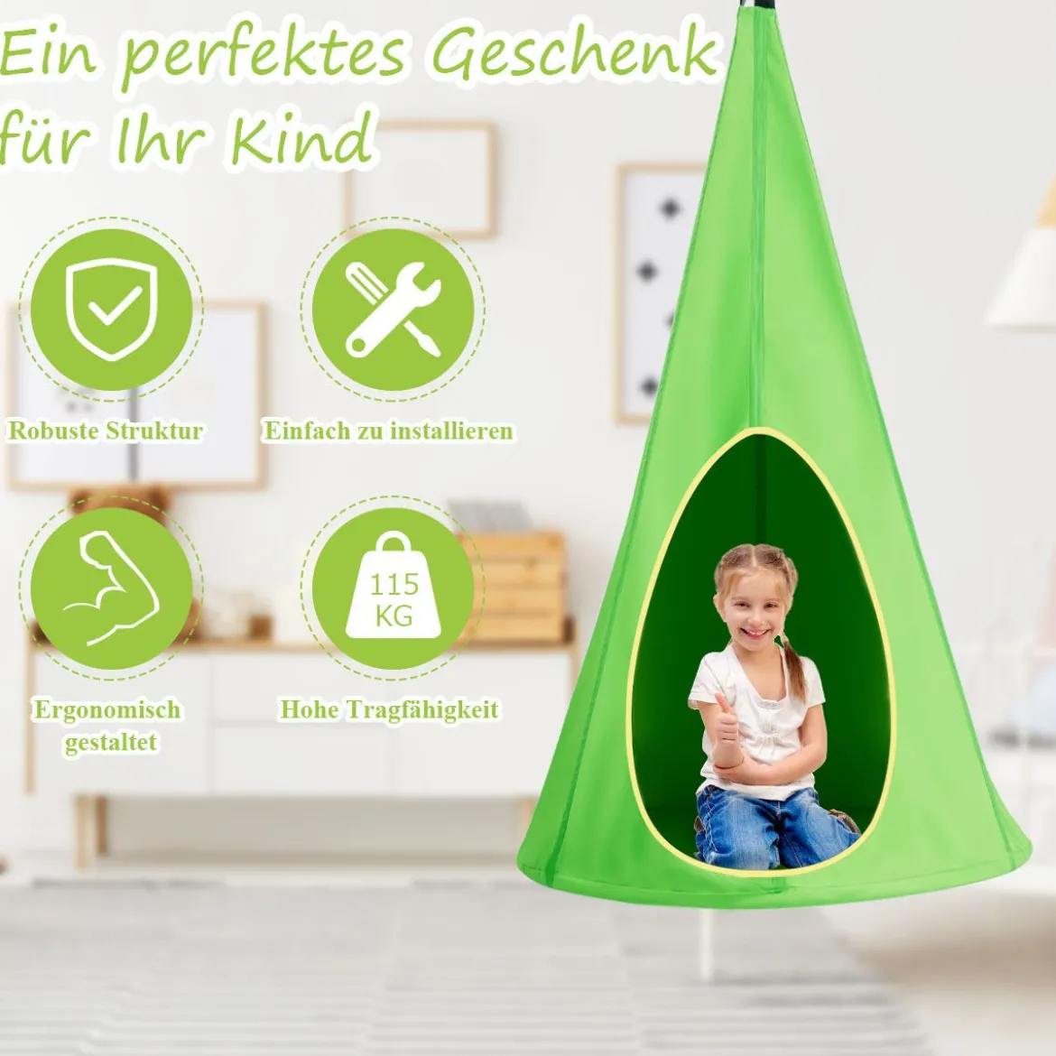 Kinder Hängehöhle Hängesessel Hängezelt Hängehöhle Hängesessel Kinder Fly Schaukel 80x80x140cm Grün