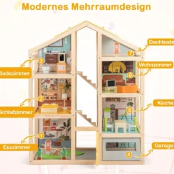 Kinder Holz Puppenhaus mit Möbelstücken & Figuren Familien-Spielhaus mit DIY-Traumhaus
