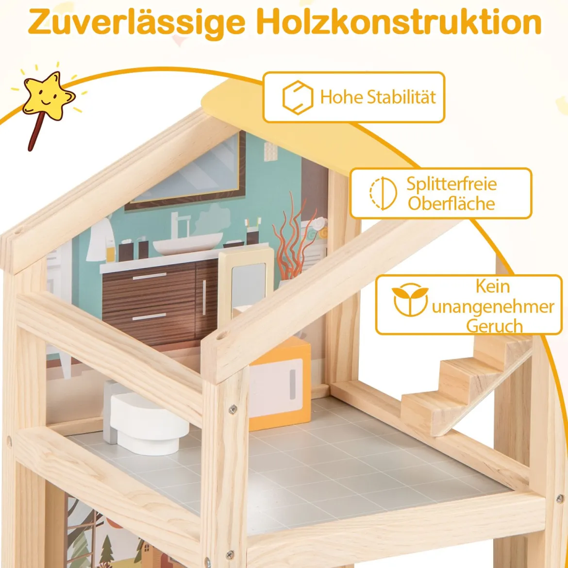 Kinder Holz Puppenhaus mit Möbelstücken & Figuren Familien-Spielhaus mit DIY-Traumhaus