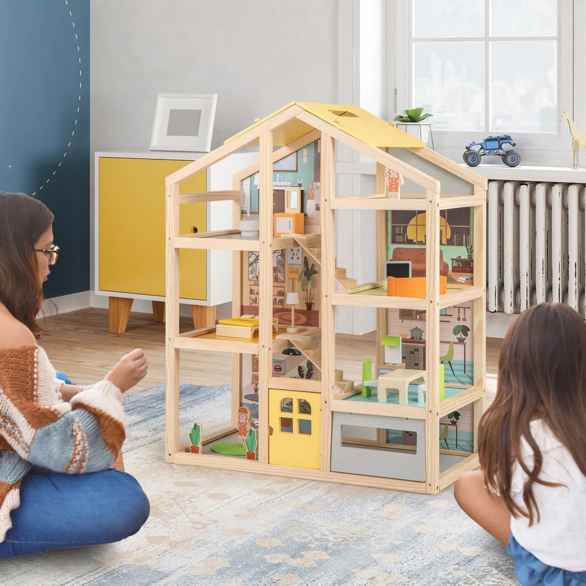 Kinder Holz Puppenhaus mit Möbelstücken & Figuren Familien-Spielhaus mit DIY-Traumhaus