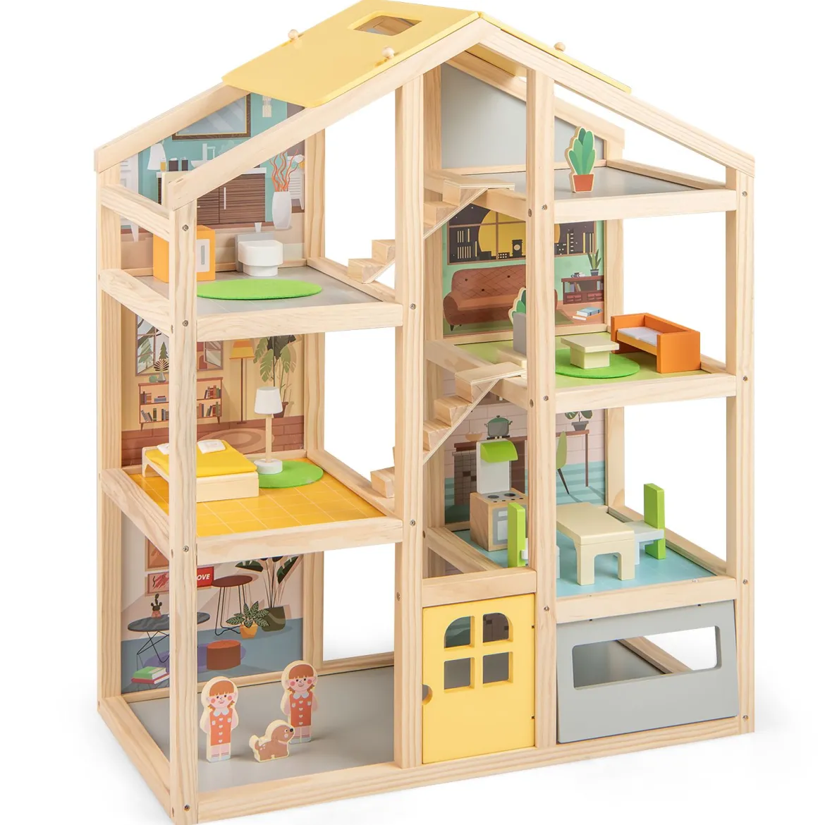 Kinder Holz Puppenhaus mit Möbelstücken & Figuren Familien-Spielhaus mit DIY-Traumhaus