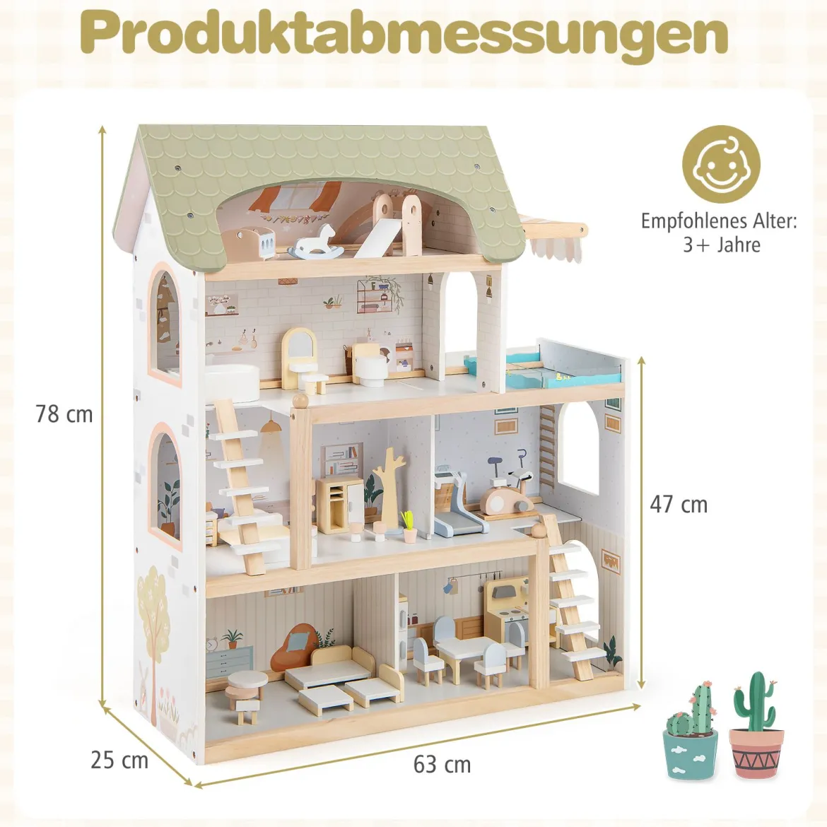 Kinder Holzpuppenhaus mit 33 Möbelstücken DIY-Spielhaus mit Balkon & Pool Dollhaus Hellgrün