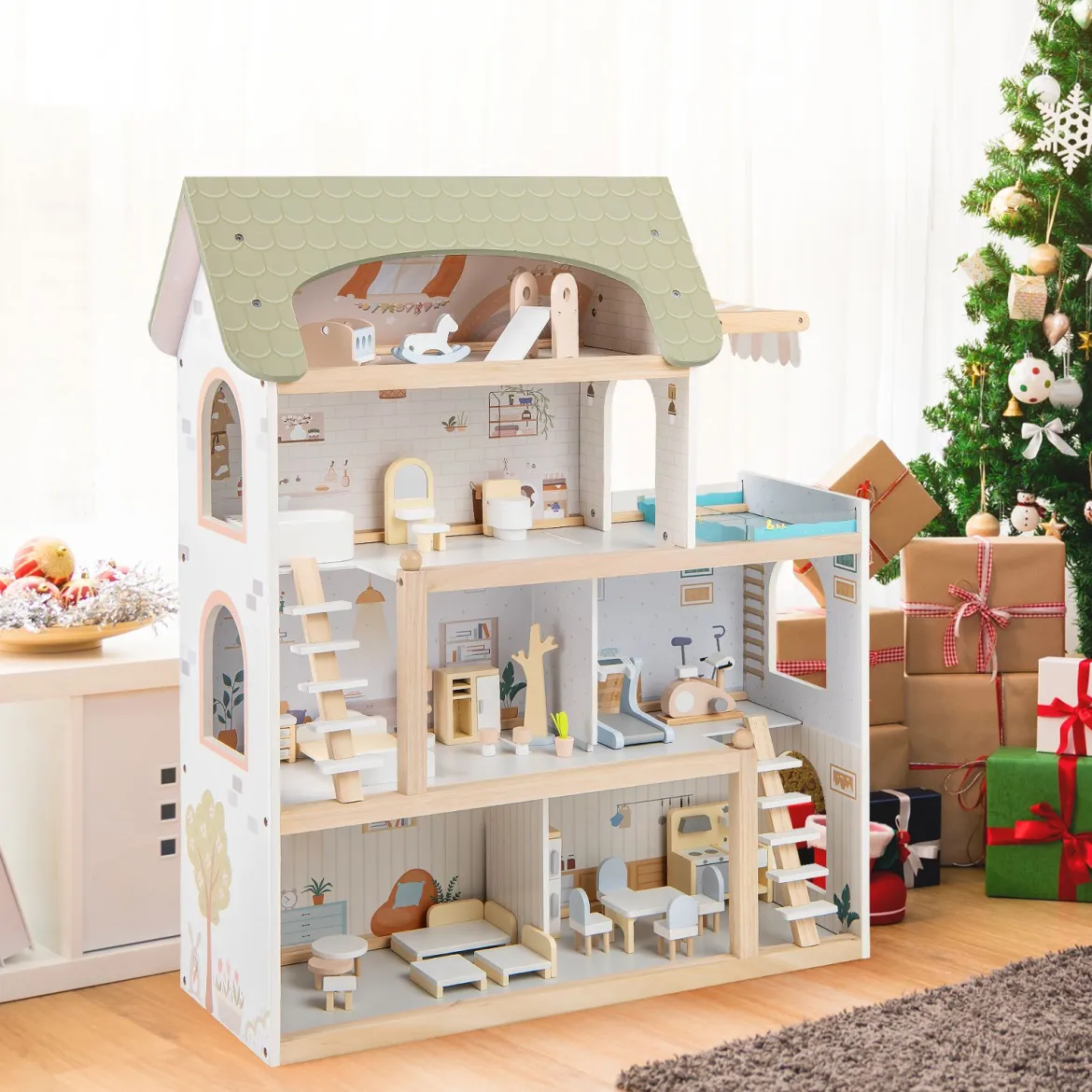 Kinder Holzpuppenhaus mit 33 Möbelstücken DIY-Spielhaus mit Balkon & Pool Dollhaus Hellgrün