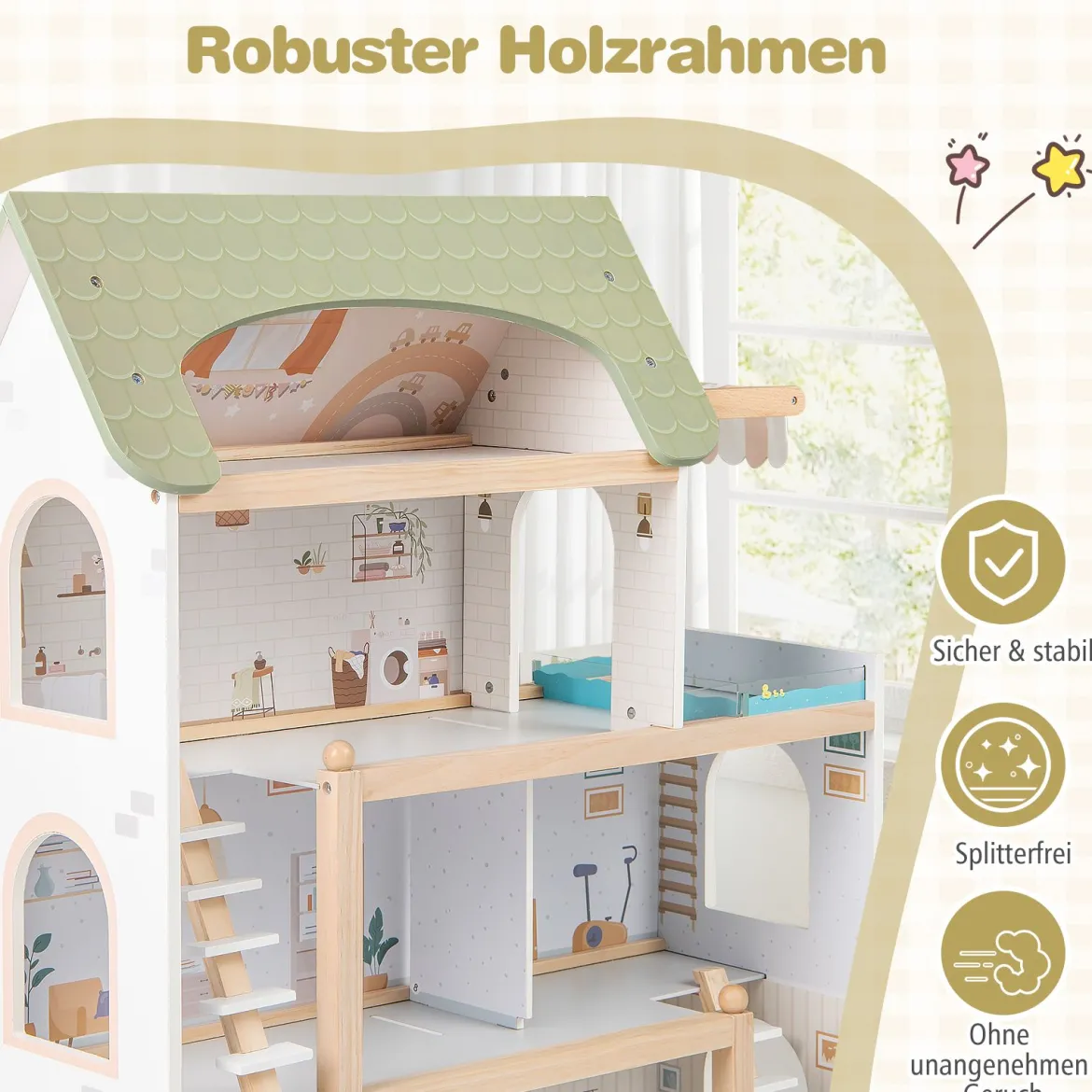 Kinder Holzpuppenhaus mit 33 Möbelstücken DIY-Spielhaus mit Balkon & Pool Dollhaus Hellgrün