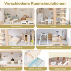 Kinder Holzpuppenhaus mit 33 Möbelstücken DIY-Spielhaus mit Balkon & Pool Dollhaus Hellgrün