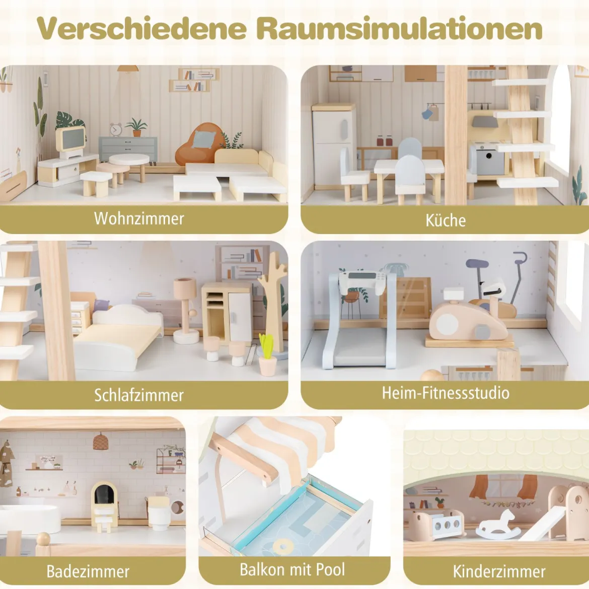 Kinder Holzpuppenhaus mit 33 Möbelstücken DIY-Spielhaus mit Balkon & Pool Dollhaus Hellgrün