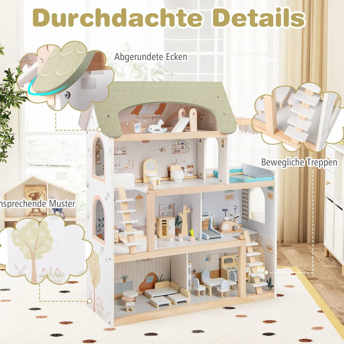 Kinder Holzpuppenhaus mit 33 Möbelstücken DIY-Spielhaus mit Balkon & Pool Dollhaus Hellgrün
