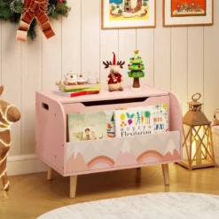Kinder Holzspielzeugkiste mit Frontbücherregal & Klappdeckel Spielzeugtruhe Spielzeugorganizer Pink