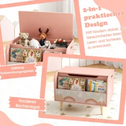 Kinder Holzspielzeugkiste mit Frontbücherregal & Klappdeckel Spielzeugtruhe Spielzeugorganizer Pink