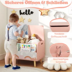 Kinder Holzspielzeugkiste mit Frontbücherregal & Klappdeckel Spielzeugtruhe Spielzeugorganizer Pink