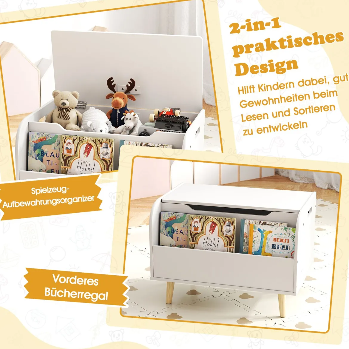 Kinder Holz Spielzeugkiste mit Frontbücherregal & Klappdeckel Spielzeugtruhe Spielzeugorganizer Weiß