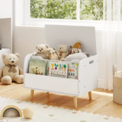 Kinder Holz Spielzeugkiste mit Frontbücherregal & Klappdeckel Spielzeugtruhe Spielzeugorganizer Weiß