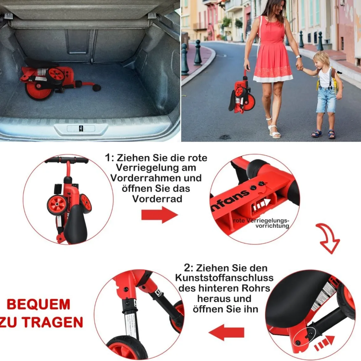 Kinder 2 in 1 klappbarer Dreirad & Balance Bike mit abnehmbarem Pedal Rot