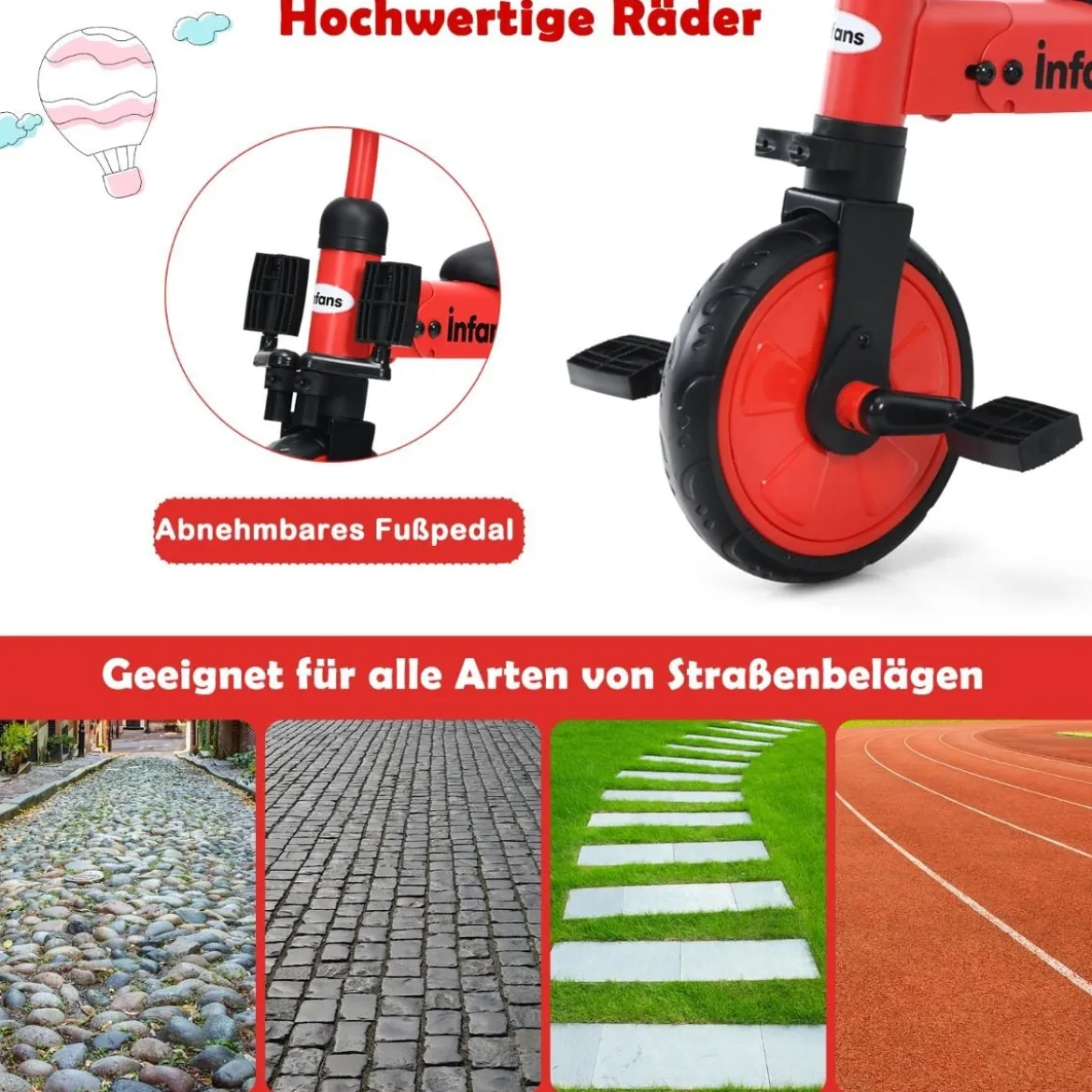Kinder 2 in 1 klappbarer Dreirad & Balance Bike mit abnehmbarem Pedal Rot