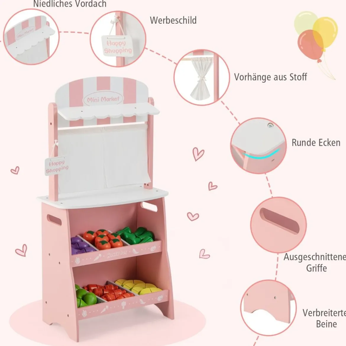 Kinder Kaufladen aus Holz mit Sonnendach & Ablagefächer & Werbeschild & Gemüse Rosa