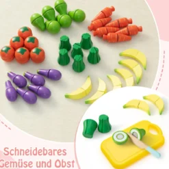 Kinder Kaufladen aus Holz mit Sonnendach & Ablagefächer & Werbeschild & Gemüse Rosa
