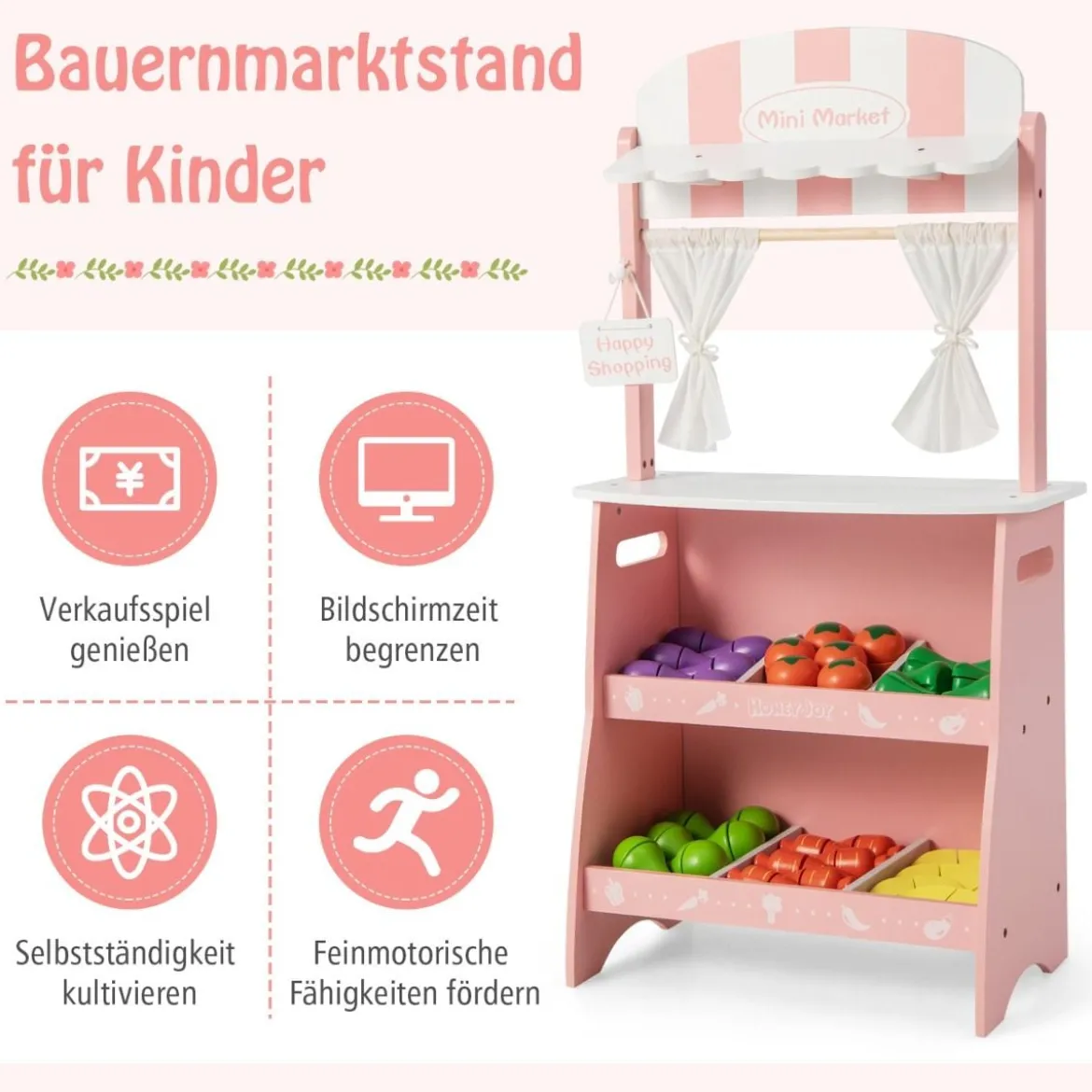 Kinder Kaufladen aus Holz mit Sonnendach & Ablagefächer & Werbeschild & Gemüse Rosa
