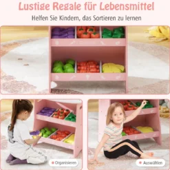 Kinder Kaufladen aus Holz mit Sonnendach & Ablagefächer & Werbeschild & Gemüse Rosa