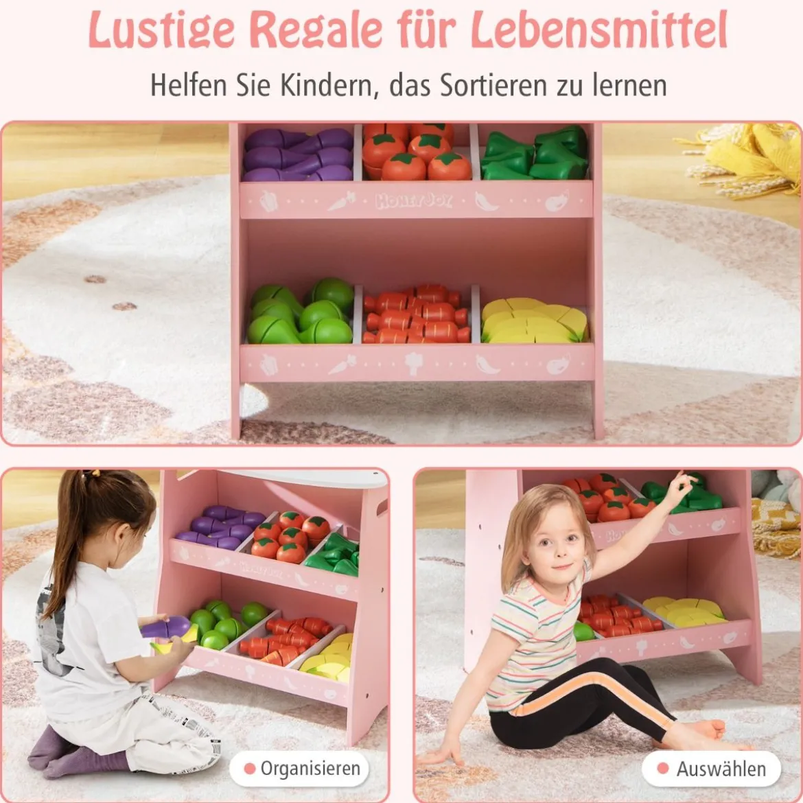 Kinder Kaufladen aus Holz mit Sonnendach & Ablagefächer & Werbeschild & Gemüse Rosa