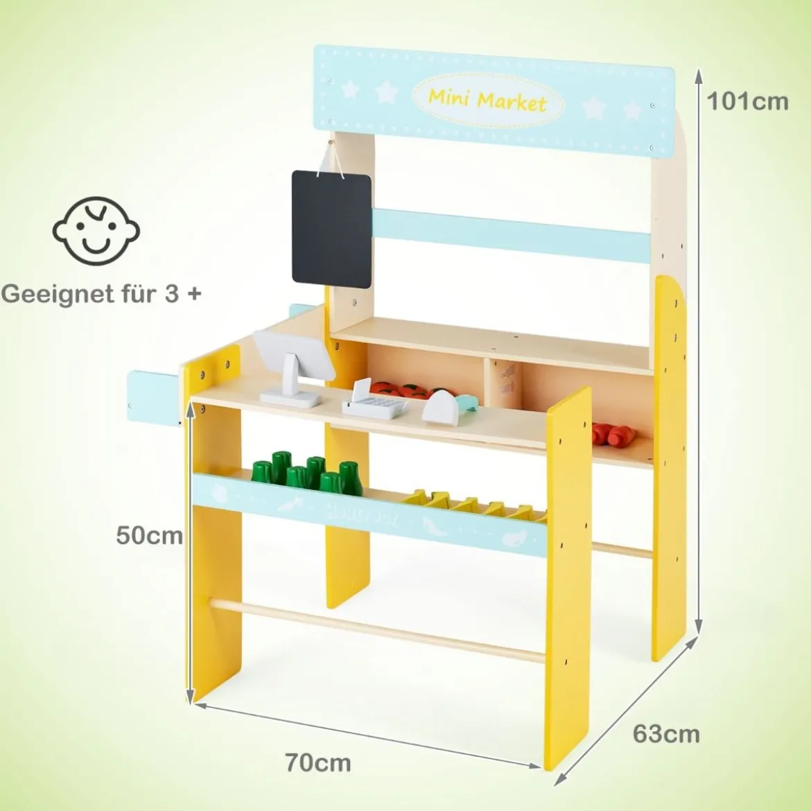 Kinder Kaufladen aus Holz mit Abnembare Tafel & POS-Maschine & Scanner & Marktspielzeugset