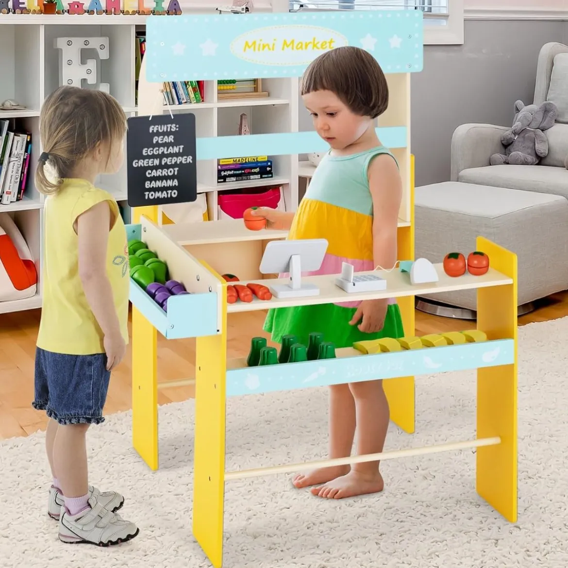 Kinder Kaufladen aus Holz mit Abnembare Tafel & POS-Maschine & Scanner & Marktspielzeugset