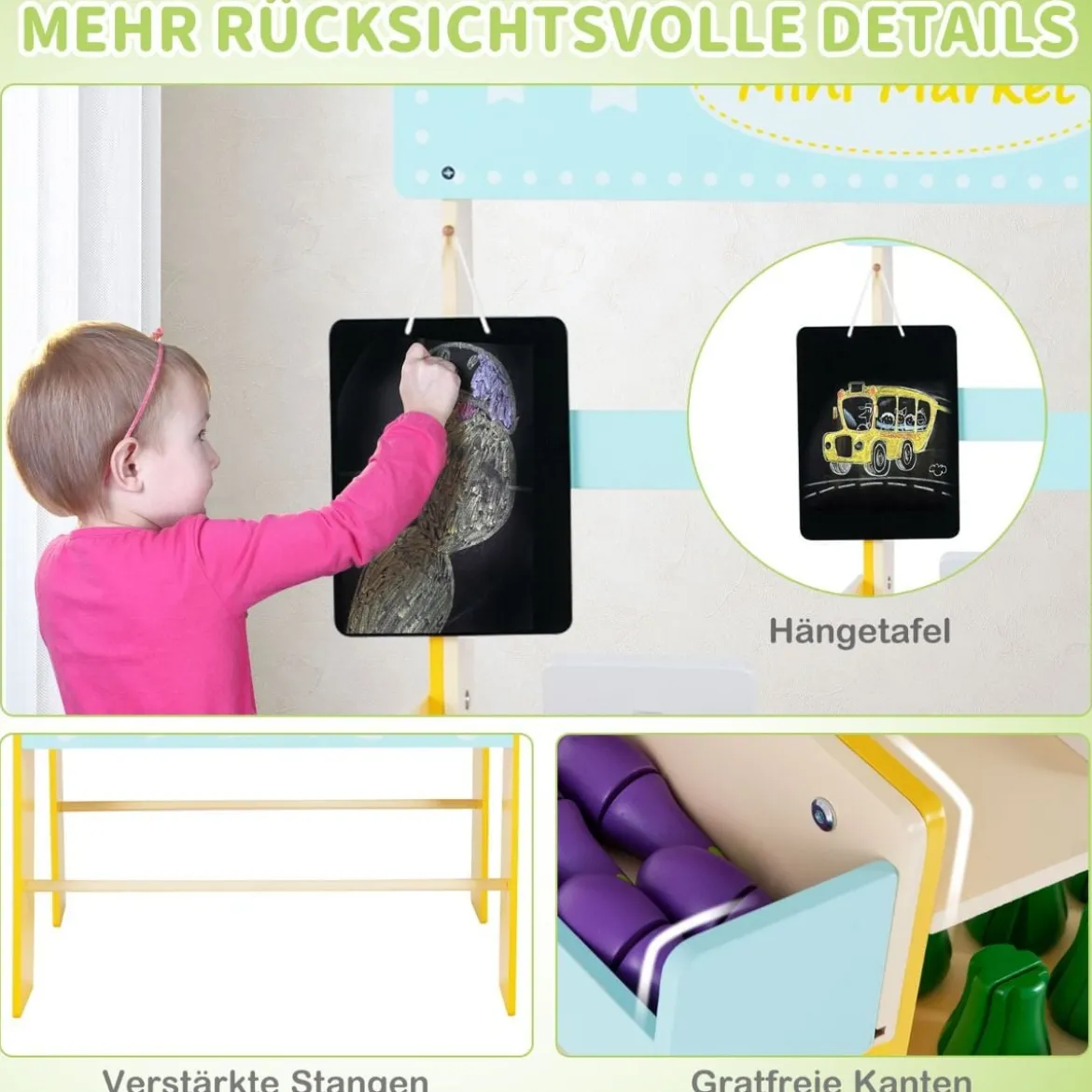 Kinder Kaufladen aus Holz mit Abnembare Tafel & POS-Maschine & Scanner & Marktspielzeugset
