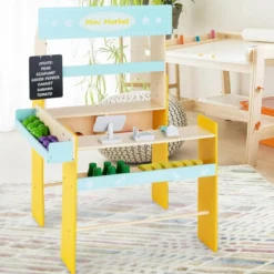 Kinder Kaufladen aus Holz mit Abnembare Tafel & POS-Maschine & Scanner & Marktspielzeugset