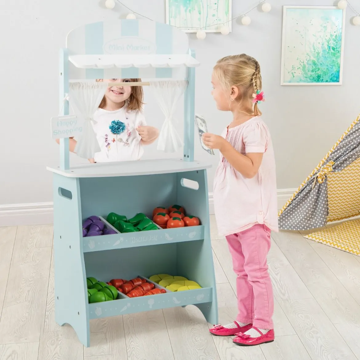Kinder Kaufladen aus Holz mit Sonnendach & Ablagefächer & Werbeschild & Gemüse Blau
