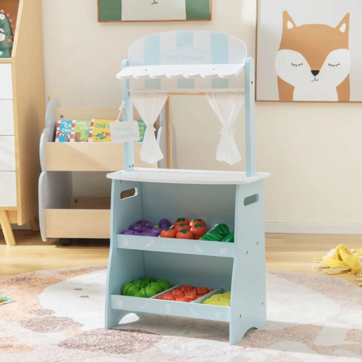 Kinder Kaufladen aus Holz mit Sonnendach & Ablagefächer & Werbeschild & Gemüse Blau