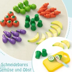 Kinder Kaufladen aus Holz mit Sonnendach & Ablagefächer & Werbeschild & Gemüse Blau