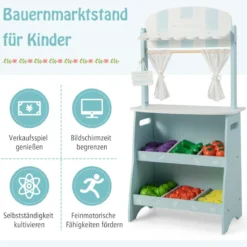 Kinder Kaufladen aus Holz mit Sonnendach & Ablagefächer & Werbeschild & Gemüse Blau