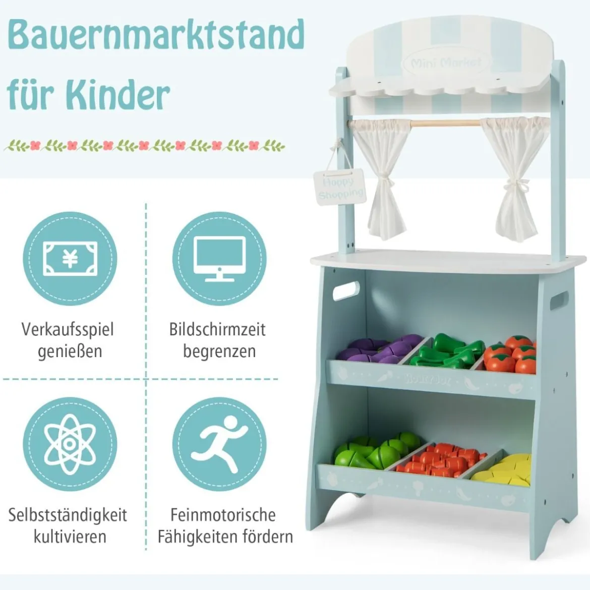 Kinder Kaufladen aus Holz mit Sonnendach & Ablagefächer & Werbeschild & Gemüse Blau